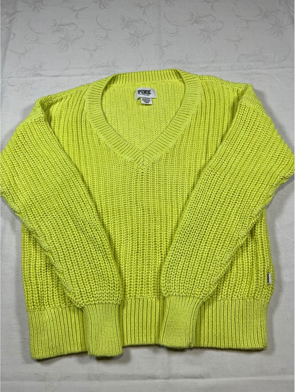 Womans PINK V-Neck Knit Sweater Neon Green Size XS